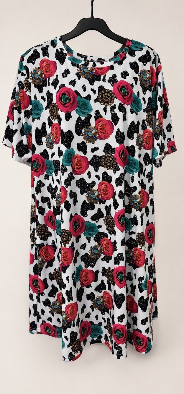 Southern Stitch XL Cow Print Rose Floral T-Shirt Dress Pockets Western Boho